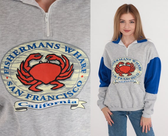 San Francisco Sweatshirt 80s Quarter Zip Sweater Fishermans Wharf Crab Graphic Shirt California Tourist Grey Blue Vintage 1980s Medium M