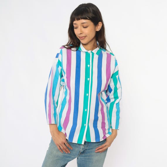 80s Striped Shirt Vertical Purple Blue Teal White Collared Long Sleeve Cotton Colorful Multicolor Blouse Preppy Vintage Work Casual Small S