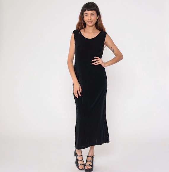 90s Black Bodycon Dress Sleeveless Column Tank Minimal Shift Scoop Neck Stretch Vintage Simple Quiet Luxury Evening Classic Long Medium M