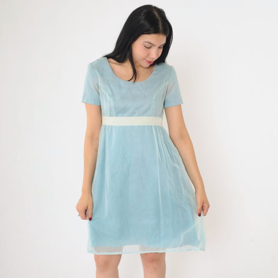 60s Swiss Dot Dress Baby Blue Babydoll Mini Polka Dot Dress 1960s Mod Empire Waist 70s Pastel Scoop Neck Party Formal Vintage Extra Small xs