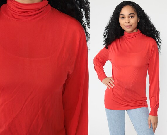 Red Silk Shirt 90s SHEER Turtleneck Long Sleeve To