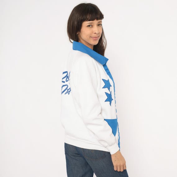 Royal Dance Star Patch Sweatshirt 90s White Blue Collared Snap Front Jacket Varsity Letterman Style  Collegiate Cheerleader Medium M