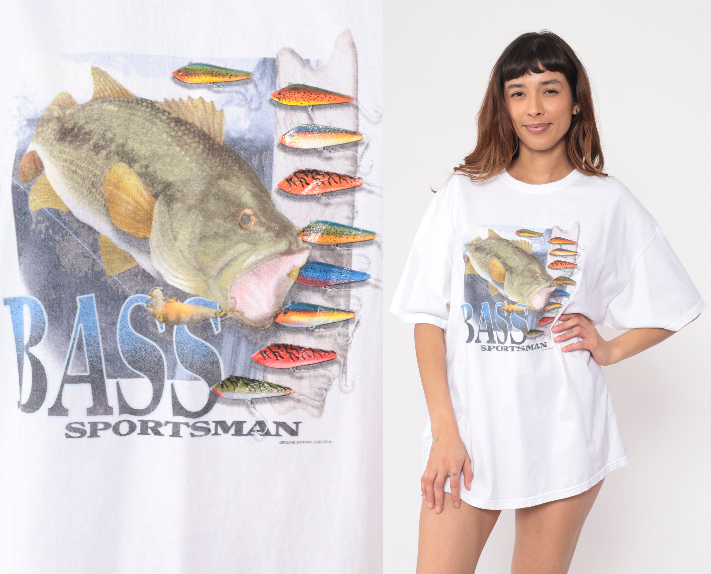 90s Bass Sportsman T-Shirt Fishing TShirt Sonoma Jean Company Graphic Fish  Tee White Single Stitch Vintage 1990s Extra Large xl