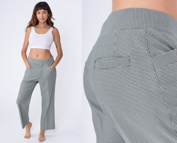 70s Checkered Pants Black White Houndstooth Trousers High Waisted Rise Straight Leg Retro Preppy Slacks Golf Vintage 1970s Men's Medium 33