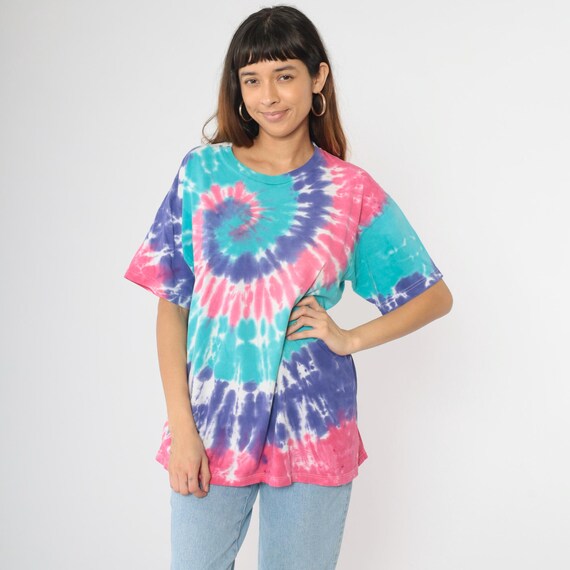 Vintage Tie Dye Shirt 90s Distressed T-Shirt Pink Purple Turquoise TShirt Retro Swirl Print 1990s Crewneck Large