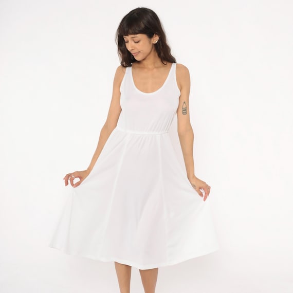 70s White Dress Elastic Waist Minimalist Sundress Cottagecore Clean Girl Aesthetic Casual Summer Beach Vacation Vintage Simple Medium M