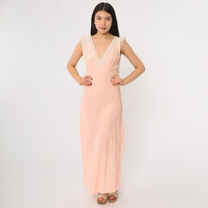 40s Peach Slip Nightgown Vintage Lingerie Lace Trim Romantic Lounge Dress Pastel Pink Sleeveless Deep V Neck Floor Length Small S 34