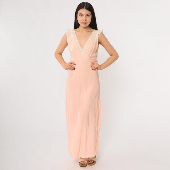 40s Peach Slip Nightgown Vintage Lingerie Lace Trim Romantic Lounge Dress Pastel Pink Sleeveless Deep V Neck Floor Length Small S 34