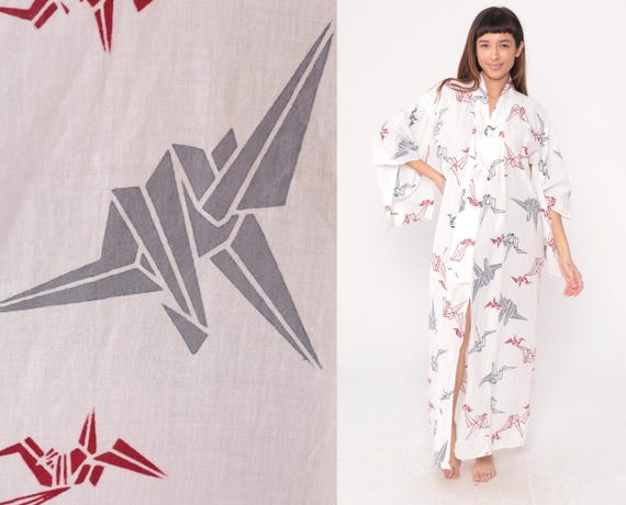 Origami Crane Kimono Robe 80s White  Maxi Long Cotton Duster Bird Print Pattern Collared Asian Inspired Housecoat Loungewear Vintage Large L