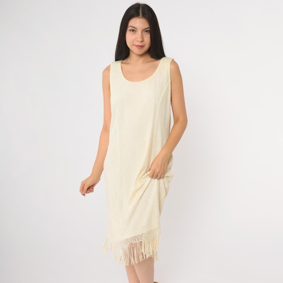 90s Fringe Dress Cream Ivory Sleeveless Scoop Neck Midi A Line Metallic Glitter Boho Festival Hippie Burning Man Flapper Extra Large XL 16