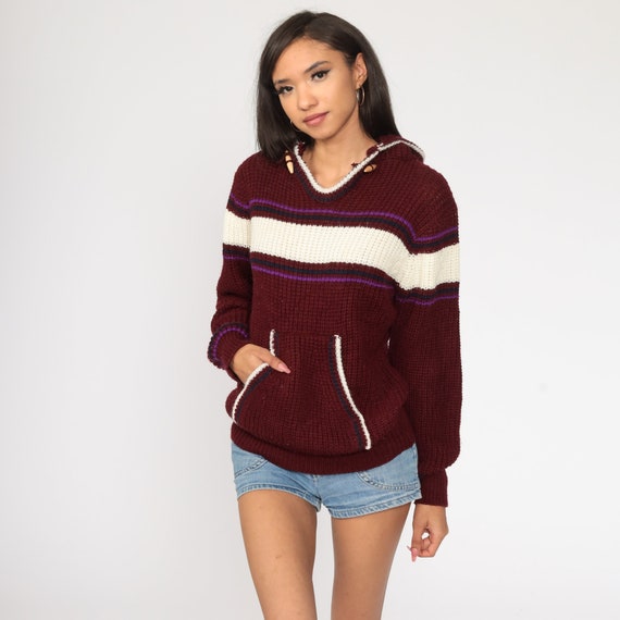 Hooded Sweater 80s Striped Knit Hoodie Burgundy S… - image 3