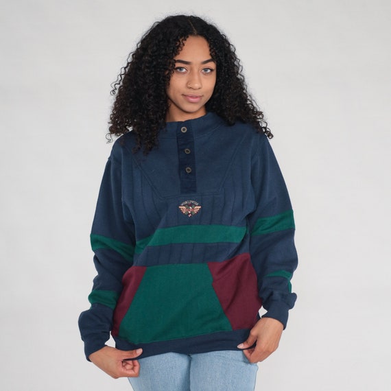 90s Color Block Sweatshirt Navy Blue Sweater Button up Henley Sweatshirt Striped Green Pullover Saugatuck Dry Goods Vintage 1990s Small Etsy