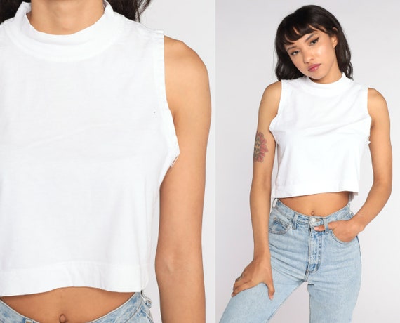 White Tank Top Mock Neck Crop Top Sleeveless Shirt 80s Tank Top Plain Shirt Vintage 80s Tank Top Normcore 1980s Small