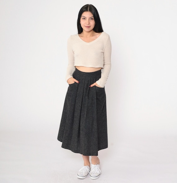Vintage Charcoal Academia Skirt 80s 90s Grey Pleated Midi Skirt Wool Blend High Waisted Retro Basic Plain Simple Preppy 1990s Extra Small xs