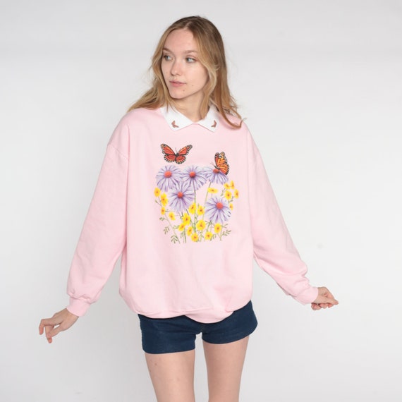 Butterfly Garden Sweatshirt 90s Baby Pink Floral … - image 3