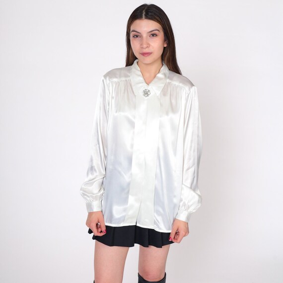 White Satin Blouse 80s Button up Top Pleated Rhinestone Long Sleeve Collared Shirt Preppy Formal Shiny Vintage Point Collar 1980s Medium M