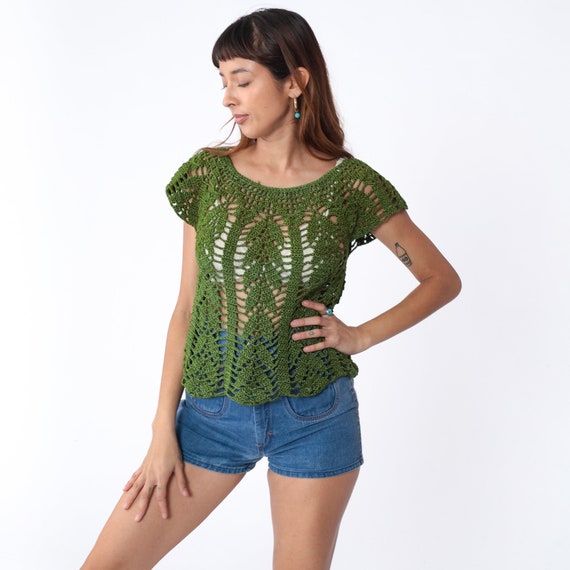 Olive Green Crochet Top 80s Sheer Knit Blouse Open Weave Boho Shirt Bohemian See Through Retro Short Sleeve Vintage 1980s Small Medium