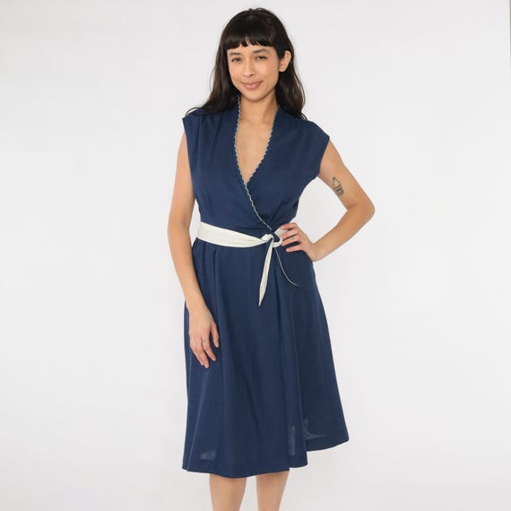 Vintage Navy Blue Wrap Dress 70s Summer Cap Sleeve V Neck Dress Scalloped Neckline Contrast Tie Belt 1970s Midi Jody of California Small