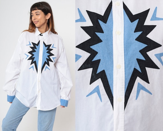 Southwestern Shirt Y2K Graphic Western Button up Blouse White Long Sleeve Top Blue Black Cotton 00s Vintage Men's Extra Large xl