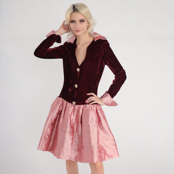 60s Velvet Dress Red Pink Party Dress Long Sleeve Button up Mini Dress Drop Waist V Neck Collar Formal Prom Cocktail Vintage 1960s Small S