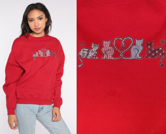 Cat Sweatshirt Y2k Red Graphic Shirt Kitten Sweater Retro Animal Sweatshirt Pullover Crewneck Grandma Sweater Kawaii Hipster Shirt Large L