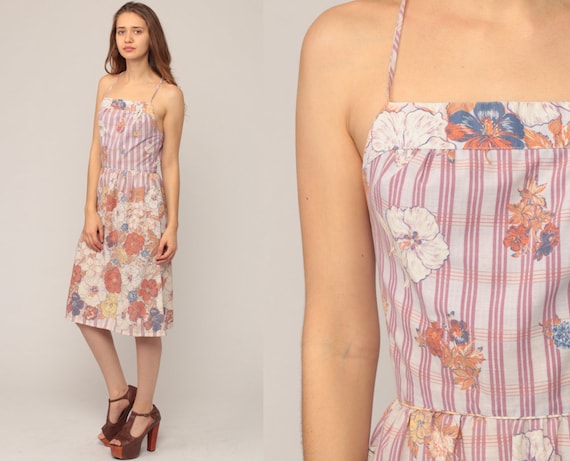 Summer Dress 70s Sundress Floral Open Back Boho Criss Cross Midi Sun 1970s Hippie COTTON Backless Bohemian High Waist Extra Small xs