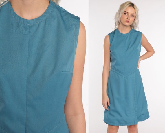70s Mini Dress Mod Minimalist Retro 60s Shift Vintage Sleeveless Gogo Hipster Twiggy Blue Plain High Waist Minidress Small