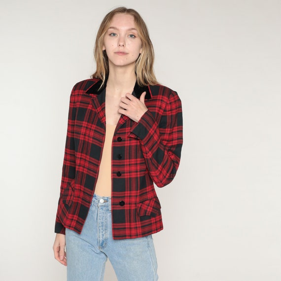 Vintage Red Plaid Blazer 70s Wool Button Jacket Retro Preppy Button up Jacket Tartan Notched Collar Checkered Collared 1970s Extra Small xs