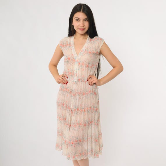 70s Prairie Dress Cream Sheer Floral Print Sleeveless V Neck Lace Trim Midi Cottagecore Romantic Ethereal Whimsical Dreamy Fairycore Small S