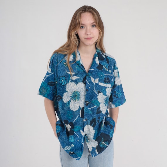 Vintage Blue Hawaiian Shirt 90s Tropical Button Up Floral Hibiscus Leaf Print Top Retro Surfer Vacation Short Sleeve Summer 1990s Mens Large