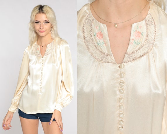 Jessica's Gunnies Blouse 70s Satin Embroidered To… - image 1