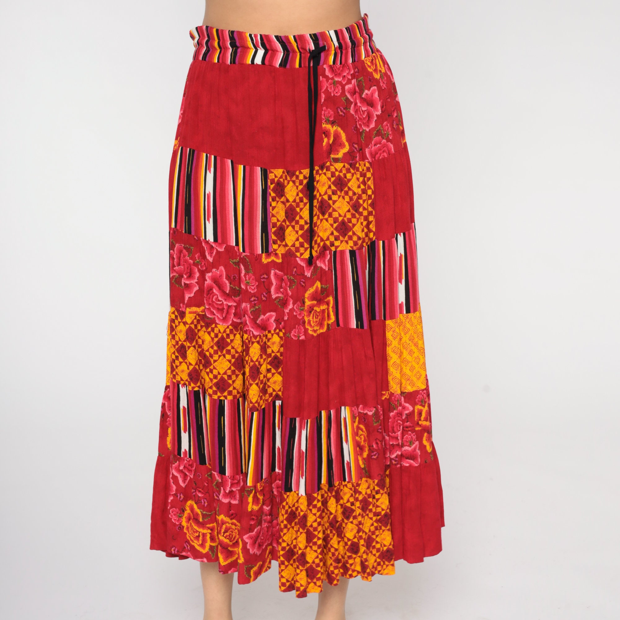 Patchwork Broomstick Skirt 90s Red Maxi Skirt Boho Hippie Floral Grunge
