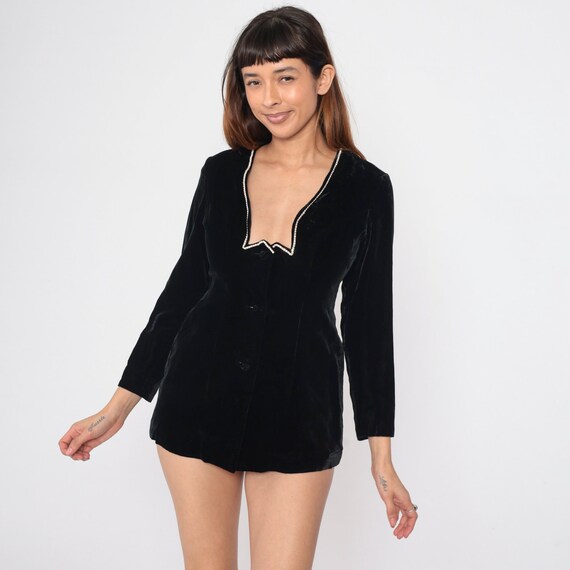 Black Velvet Blazer 80s Rhinestone Button Up Jacket Evening Jacket Low Cut Formal Party Retro Tailored Gothic Vintage 1980s Small