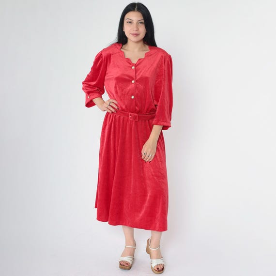 Vintage Red Velour Dress 80s Style Puff Sleeve Midi Scallop Neck Pearl Button Up Glam Shirtwaist Belted High Waist Lounge Retro Large 14