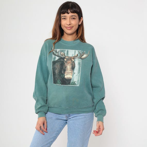 90s Moose Sweatshirt Hoof Print Green Teal Sage Graphic Animal Print Crew Neck Pullover Vintage Novelty Wildlife Face Design Unisex Large L