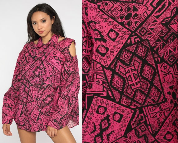 Cold Shoulder Top Geometric Button Up Shirt 80s 90s Hot Pink Statement Cutout Collared Blouse Southwestern Psychedelic Vintage 2xl xxl