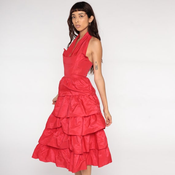 50s Party Dress Red Halter Dress Tiered Gown V Neck Prom Dress Pinup 1950s Prom Tea Length Formal Cocktail Midi Vintage 1960s Extra Small xs