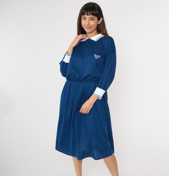 80s Nautical Midi Dress Chevron Crest Chest Pocket Collared Midi Dress Retro Preppy High Waist Plain Long Sleeve Vintage 1980s Medium Large