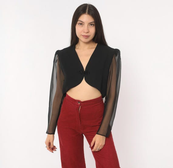 90s Sheer Sleeve Bolero Black Cropped Jacket V Neck Puff Shoulder Chiffon Arm Open Front Beaded Evening Crop Top Vintage Womens Medium M