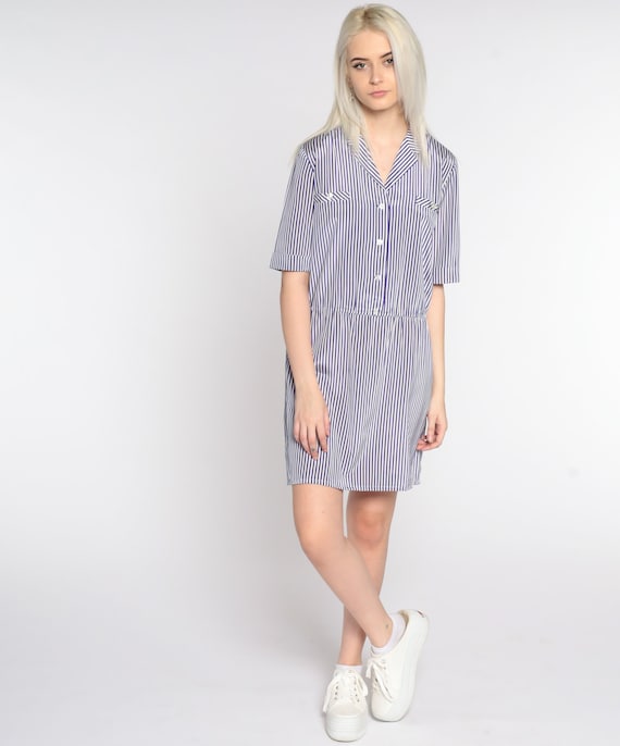 Striped Button Up Dress 80s Mini Dress Purple White Dress High Waisted Secretary Vintage 1980s Minidress Short Sleeve Medium Large