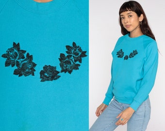 Floral Sweatshirt 80s Blue Shirt Vintage RAGLAN Sleeve Sweater Kawaii Graphic 1980s Slouchy Small