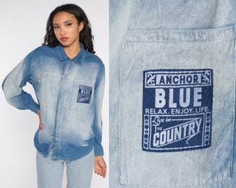 Camisa de mezclilla 90s Western Jean Pearl Snap Camisa Ancla Azul Arena Blasted 1990s Top Manga Larga Botón Hasta Vintage Pequeño
