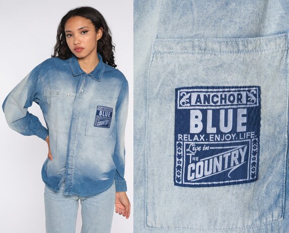 Denim Shirt 90s Western Jean Pearl Snap Shirt Anchor Blue Sand Blasted 1990s Top Long Sleeve Button Up Vintage Small