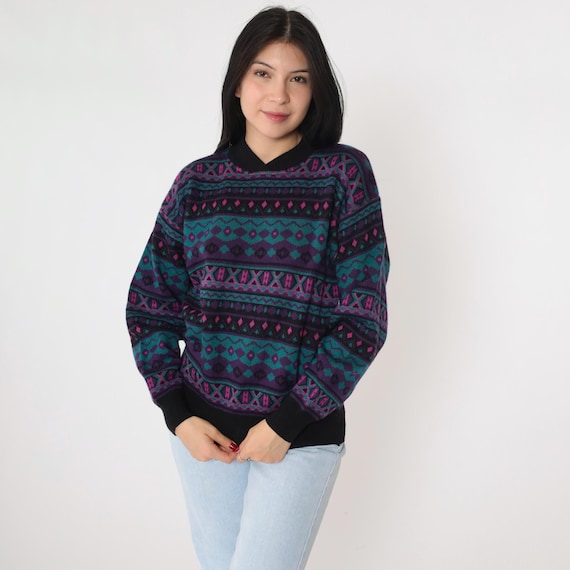 Vintage 80s Southwestern Sweater Geometric Pullover Acrylic Wool Blend Purple Black Teal Graphic Jacquard 1980s Southwest Pullover Medium