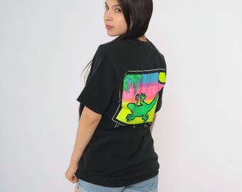 Hawaii Gecko Shirt 90s Black Preserve Our Island Treasures Conservation Lizard Neon Sunset Palm Tree Graphic Vintage Cotton Medium