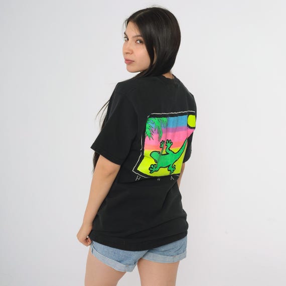 Hawaii Gecko Shirt 90s Black Preserve Our Island Treasures Conservation Lizard Neon Sunset Palm Tree Graphic Vintage Cotton Medium