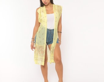 70s Sheer Floral Duster Yellow Open Front Kimono Cardigan Garden Border Print Coverup Fairy Mesh Cap Sleeve Summer Layering Vest Small S