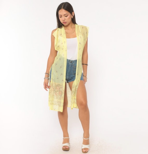 70s Sheer Floral Duster Yellow Open Front Kimono Cardigan Garden Border Print Coverup Fairy Mesh Cap Sleeve Summer Layering Vest Small S