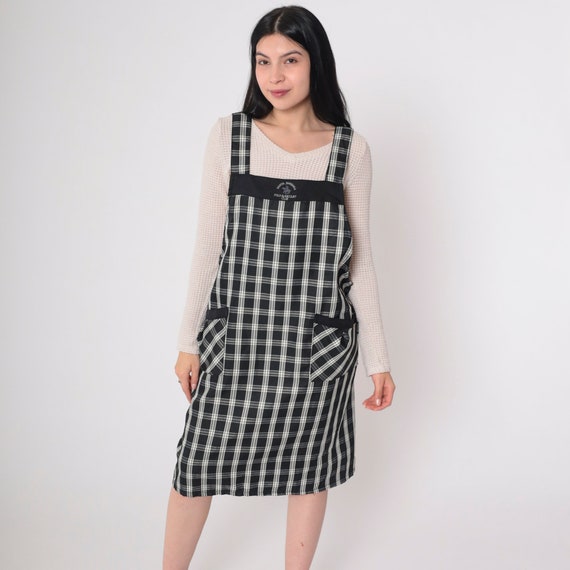 Plaid Apron Dress Y2k Santa Barbara Polo & Racquet Club Pinafore Black White Checkered Jumper Mini Open Back Vintage 00s Small Medium