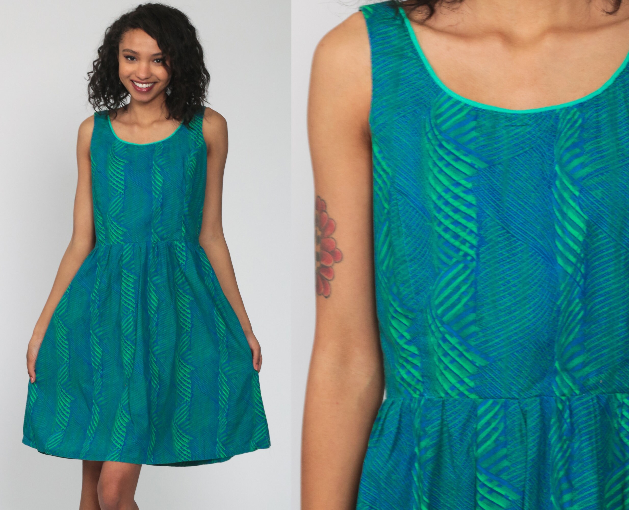 Psychedelic Dress DOUBLE HELIX PRINT Bohemian Mini Dress 70s Hippie High Waisted Striped 1970s 